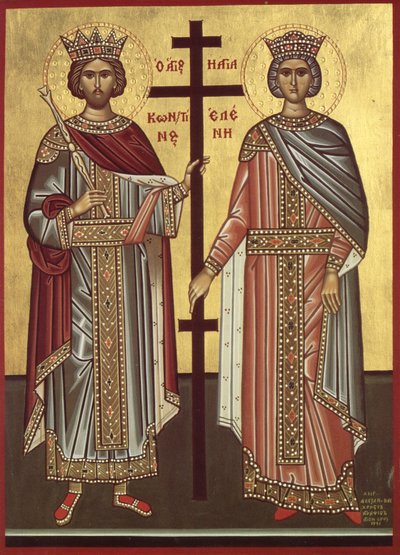 Keisari Konstantin ja hänen äitinsä Konstantinopolin keisarinna Helena (painokuva) tekijältä Byzantine Byzantine