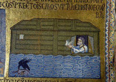 Tarina Nooasta: Nooa lähettää korpin ja ensimmäisen kyyhkysen Yksityiskohta sisämosaiikista Pyhän Markuksen basilikassa, 1000-luku tekijältä Byzantine Byzantine