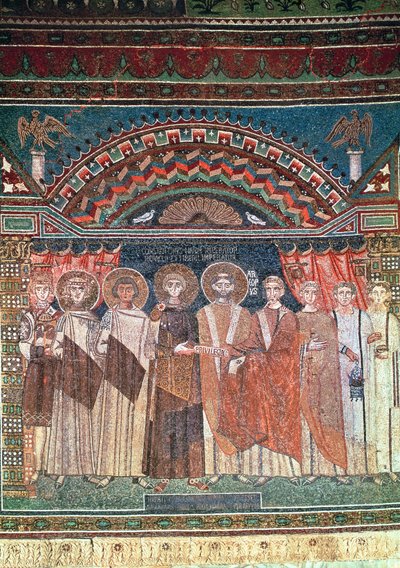 Konstantinus IV (654-85) myönsi piispa Reparatuksen oikeudet Ravennan kirkolle, 671-77 (mosaiikki) tekijältä Byzantine School