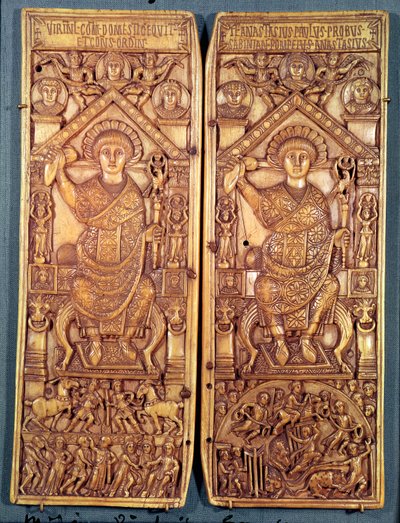 Anastasiuksen (491-518) konsulidiptyykki, kaiverrettu Konstantinopolissa, theodosilaiseen tyyliin, 517 jKr. tekijältä Byzantine School