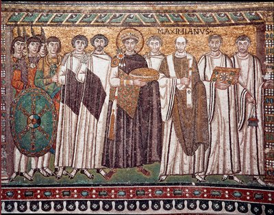 Keisari Justinianus I ja hänen seurueensa (virkamiehet, vartijat ja papisto), noin 547 jKr. (mosaiikki) tekijältä Byzantine School