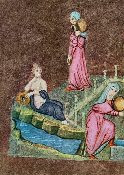 Gr 31 f.7r Rebecca ja Eliezer kaivolla, Wienin Genesisistä (vellum( tekijältä Byzantine School
