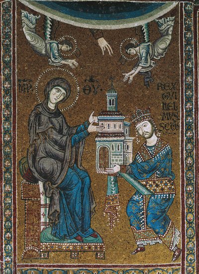 Sisilian kuningas William II tarjoaa Monrealen kirkon Neitsyelle (mosaiikki) tekijältä Byzantine School