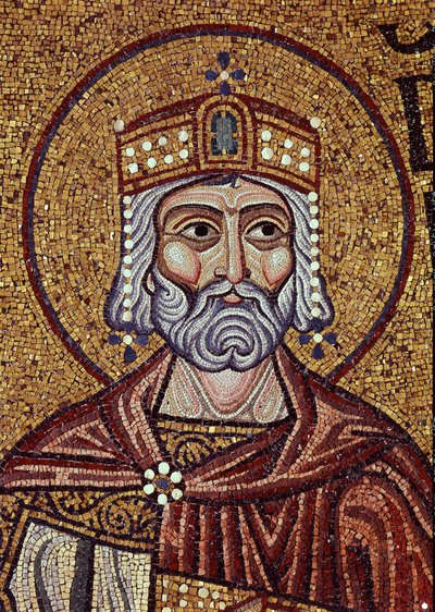 Kuningas Daavid (10. vuosisadalla eKr.). Bysanttilaisen mestarin työ, mosaiikki, yksityiskohta Pyhän Markuksen basilikan koristeesta Venetsiassa (Italia). Bysantin taide, keskiaika. Pyhän Markuksen basilika, Venetsia. tekijältä Byzantine School