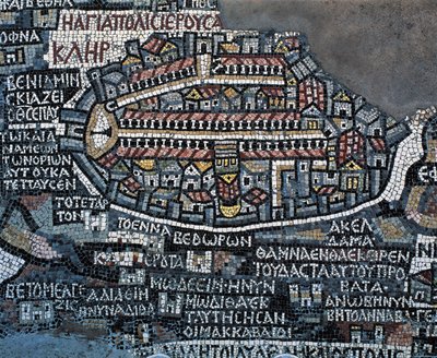 Madaban mosaiikkikartta (Pyhän maan kartta), 560, mosaiikki kreikkalais-ortodoksisessa Pyhän Yrjön basilikassa, Madaba, Jordania, Bysantin sivilisaatio, 6. vuosisata (mosaiikki) tekijältä Byzantine School