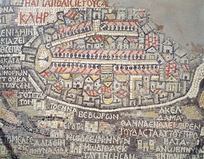 Jerusalemin kaupunki ja ympäröivä alue, yksityiskohta Madaban mosaiikkikartalta, bysanttilainen, 6. vuosisadalla (mosaiikki) tekijältä Byzantine School