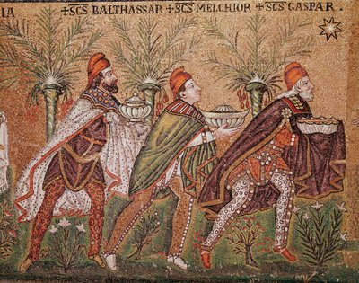 Maagien palvonta (yksityiskohta mosaiikista, 6. vuosisata). tekijältä Byzantine School