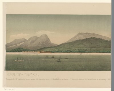 Näkymä Suur-Acehin rannikolle, ensimmäisen Acehin retkikunnan laivaston kanssa rannikon edustalla, kolmas osa The Greater Aceh Road (otsikko esineessä) tekijältä C.A. Whitten