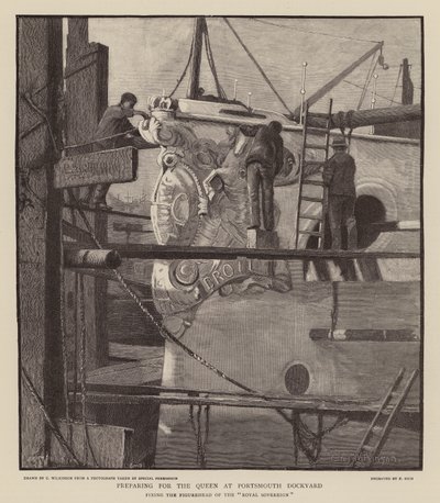 Kuningatar Victorian valmistelu Portsmouthin telakalla (kaiverrus). tekijältä C.A. Wilkinson