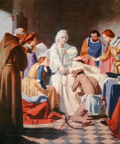 Kolumbus kuolinvuoteellaan pitelemässä kahleita, joissa hän palasi kolmannelta matkaltaan (väri litho) tekijältä J.B. and Brown J. Rowbotham