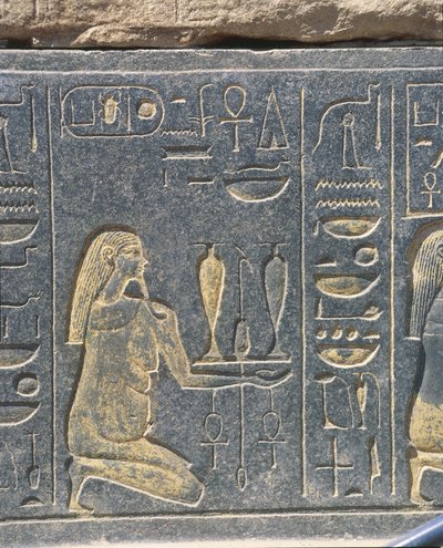 Egypti, Karnak, Hatshepsutin punainen kappeli, kultainen reliefi, viiniuhri tekijältä J.B. and Brown J. Rowbotham