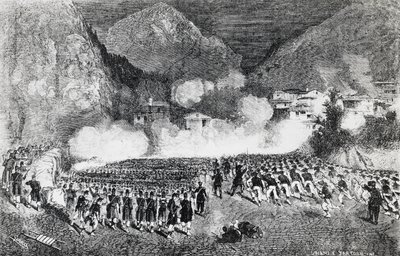 Kenraali Giacomo Medicin divisioona hyökkäämässä Levico Termen kimppuun, Trentino-Alto Adige, heinäkuu 1866, kolmas vapaussota, kaiverrus, Italia tekijältä J.B. and Brown J. Rowbotham