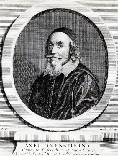 Ruotsin kuningaskunnan kanslerin Axel Oxenstierna Gustafssonin (1583-1654) muotokuva, kaiverrus tekijältä J.B. and Brown J. Rowbotham