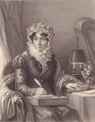Muotokuva ranskalaisesta kirjailijasta Stephanie-Felicite Ducrest de Saint Aubin, Madame de Genlis (1746-1830), kaiverrus tekijältä J.B. and Brown J. Rowbotham