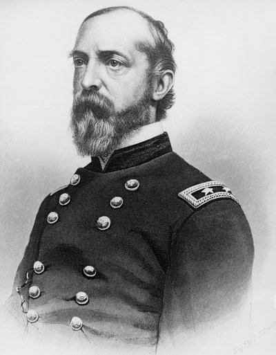 Muotokuva George Gordon Meadesta (1815-1872), Yhdysvaltain armeijan kenraalista ja rakennusinsinööristä, joka näytteli ratkaisevaa roolia Yhdysvaltain sisällissodassa kukistamalla konfederaation armeijan Gettysburgissa, kaiverrus valokuvan jälkeen tekijältä J.B. and Brown J. Rowbotham