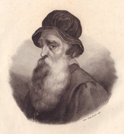 Italian kuvanveistäjä ja kultaseppä Benvenuto Cellinin (1500-1571) muotokuva, Caterina Piotti-Pirolan kuparikaiverrus Giorgio Vasarin maalauksesta tekijältä J.B. and Brown J. Rowbotham