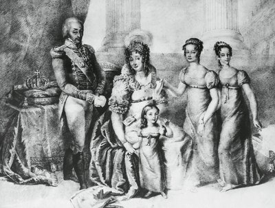 Sardinian kuninkaan ja Savoian, Piemonten ja Aostan herttua Viktor Emmanuel I:n muotokuva vaimonsa Maria Teresan Itävalta-Esteestä sekä tyttäriensä, Savoylaisen Maria Teresan (1803-1879), Savoylaisen Maria Annan ja Savoijlaisen Maria Cristinan kanssa. , ka tekijältä J.B. and Brown J. Rowbotham