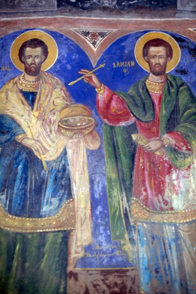 Pyhät Cosmas ja Damian, Megalo Sotiriksen luostari, Symin saari, Kreikka (kuva) tekijältä J.B. and Brown J. Rowbotham