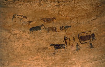 Arkielämän kohtaus, jossa on karjaa, kalliotaidetta, Tassili n