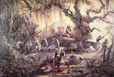 Seminole-intiaanit väijyttävät Yhdysvaltain merijalkaväen vaunua tekijältä J.B. and Brown J. Rowbotham