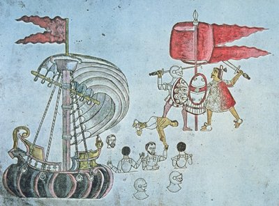 Hernan Cortesin espanjalaiset sotilaat kahlaavat maihin vuonna 1519 taistelemaan atsteekeja vastaan, kopioitu Codex Azcatitlanista, n. 1550 (väri litho) tekijältä J.B. and Brown J. Rowbotham