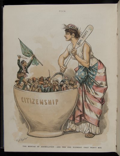 Assimilaation laasti - ja yksi elementti, joka ei sekoitu, kuvitus Puck-lehdestä, 26. kesäkuuta 1889. tekijältä C.J. Taylor