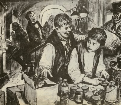 Charles Dickens poikana mustatehtaalla (litografia) tekijältä C.L. Doughty