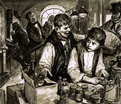 Charles Dickens mustatehtaalla (guassi paperille) tekijältä C.L. Doughty