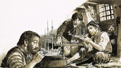 Napoleonin sotien ranskalaiset sotavangit valmistavat laivamalleja. tekijältä C.L. Doughty