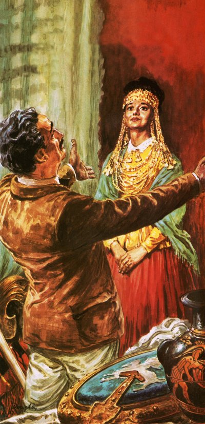 Heinrich Schliemann koristelee vaimoaan muinaisen Troijan alueelta kaivetuilla koristeilla. tekijältä C.L. Doughty