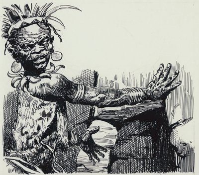 Kuningas Solomonsin kaivosten kuvitus (guassi paperille) tekijältä C.L. Doughty