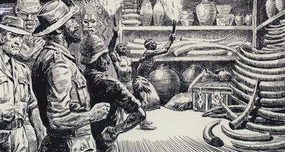 Kuningas Solomonsin kaivosten kuvitus (guassi paperille) tekijältä C.L. Doughty