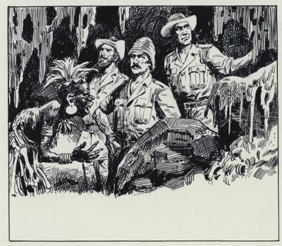 Kuningas Solomonsin kaivosten kuvitus (guassi paperille) tekijältä C.L. Doughty