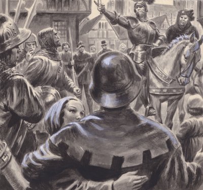Riitelevät aateliset värväsivät armeijoita työttömistä entisistä sotilaista, jotka tulvivat Englantiin vuonna 1453 päättyneen satavuotisen sodan jälkeen (guassi paperille). tekijältä C.L. Doughty