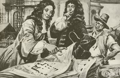 Sir Christopher Wren, Lontoon Pyhän Paavalin katedraalin arkkitehti (litografia). tekijältä C.L. Doughty