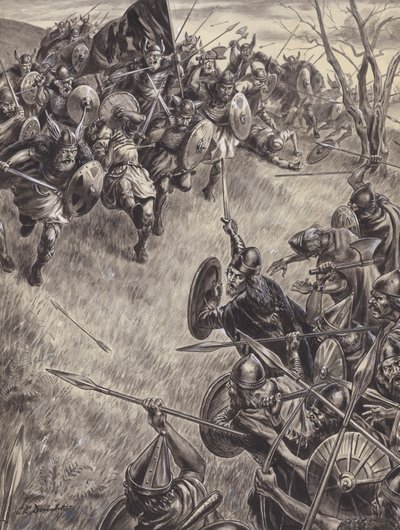 Tunnistamaton taistelukohtaus (guassi paperille) tekijältä C.L. Doughty