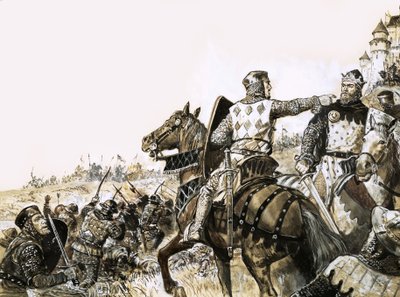 Tunnistamaton taistelukohtaus, jossa sotilas osoittaa kuningasta. tekijältä C.L. Doughty