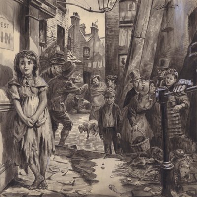 Viktoriaaninen slummikohtaus (guassi paperille) tekijältä C.L. Doughty