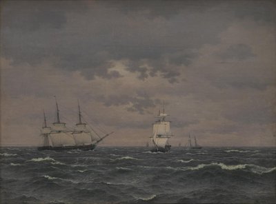 Corvette Reefing purjehtii raikastavassa tuulessa ja joitain muita aluksia tekijältä Christoffer Wilhelm Eckersberg