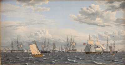 Venäjän laivasto ankkurissa lähellä Elsinorea tekijältä Christoffer Wilhelm Eckersberg