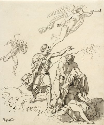 Allegorinen koostumus; pari nuorta miestä aasinkorvilla ja istuva alaston nainen taustalla aika ja eläimistö kellumassa tekijältä Christoffer Wilhelm Eckersberg
