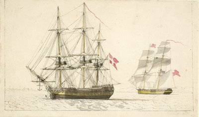 Tanskalainen fregatti ankkurissa ja englantilainen brigi purjeiden alla tekijältä Christoffer Wilhelm Eckersberg