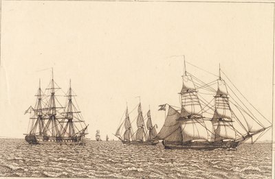Fregatti on ankkurissa. Kuva "Lineaarinen perspektiivi", levy IXb tekijältä Christoffer Wilhelm Eckersberg