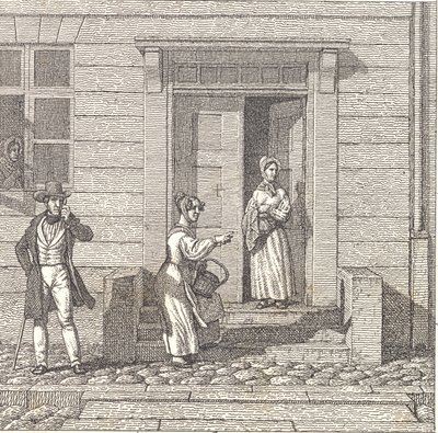 Katukuva, kaksi tyttöä, mies ja nainen etsivät jotain tekijältä Christoffer Wilhelm Eckersberg