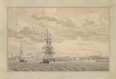 Kööpenhamina Yderhavnenista katsottuna prikillä ankkurissa ja purjehdusluukalla. tekijältä Christoffer Wilhelm Eckersberg