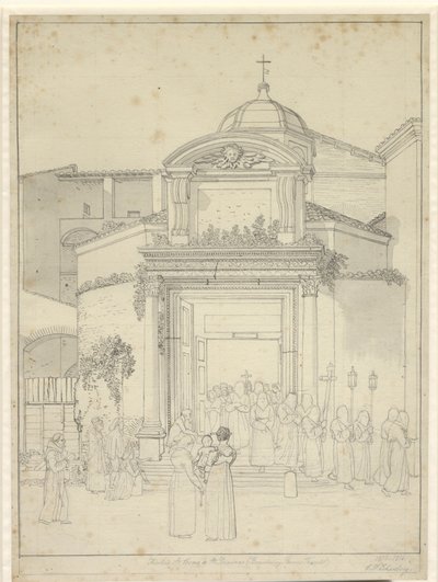 Kirkko seisoo. Cosmos ja Sta. Damians (Romolus ja Remus Temple) munkkien kanssa kulkueessa tulossa ulos kirkon ovesta. tekijältä Christoffer Wilhelm Eckersberg