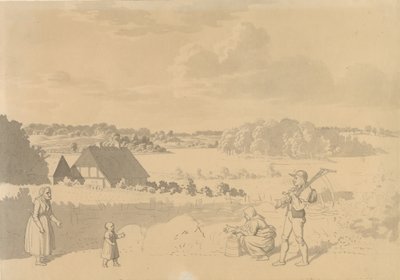 Maisema järvellä, metsän ja peltojen ympäröimänä, etualalla talonpojat leikkimässä pienen lapsen kanssa tekijältä Christoffer Wilhelm Eckersberg