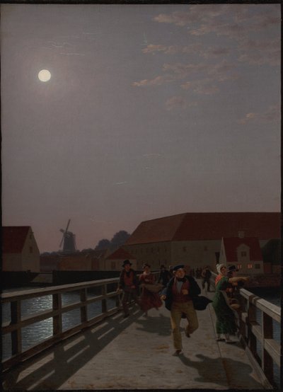 Langebro, Kööpenhamina, kuunvalossa juoksevien hahmojen kanssa tekijältä Christoffer Wilhelm Eckersberg