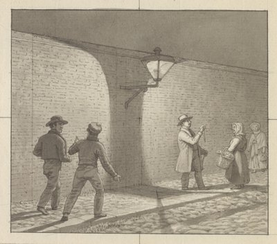 Maalaustaiteeseen sovellettu lineaarinen perspektiivi, levy VIII, kuva 1 - Yöliikenne katuvalon alla. tekijältä Christoffer Wilhelm Eckersberg