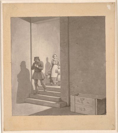 Mies matkalla alas portaita, taustalla nainen ja lapsi tekijältä Christoffer Wilhelm Eckersberg
